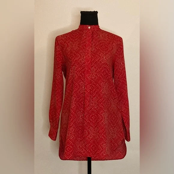Lauren Ralph- Top Red Print Tab Collar Long Sleeve Chiffon Blouse Size XS - Picture 1 of 4